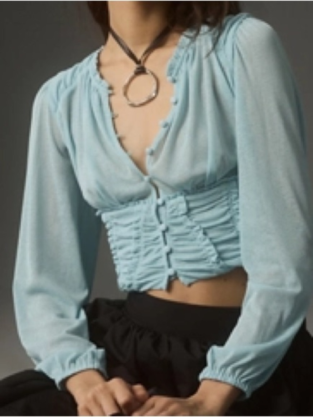 By Anthropologie sz SMALL Long-Sleeve Femme Ruched Cropped Top Light Blue